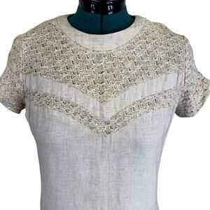 1960s Cream Linen Blend Shift Dress w Crochet Yoke – Mr. Jack Dallas – Size 16
